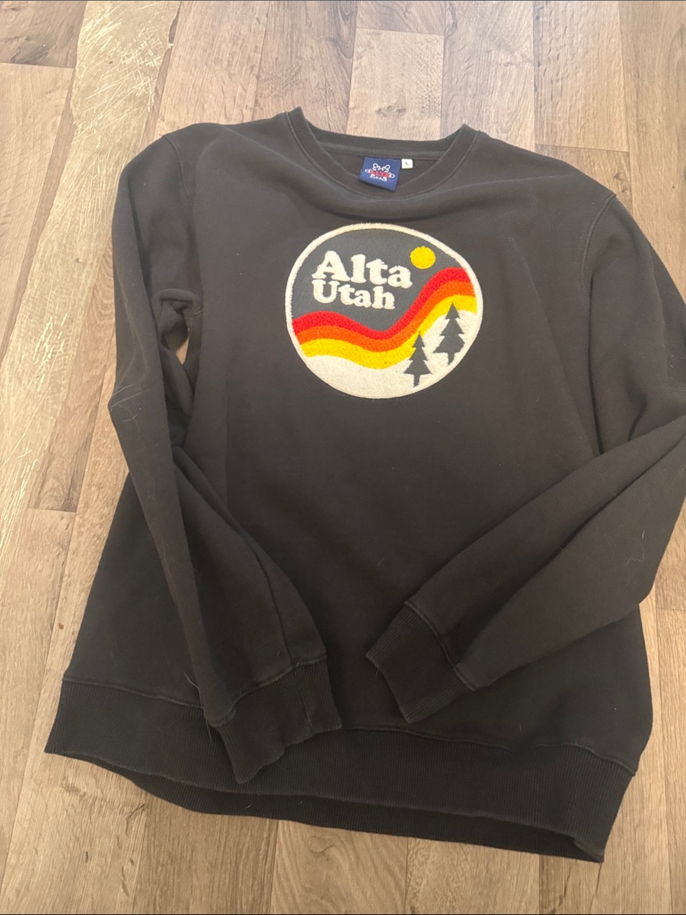 Original Use Black Crewneck Sweater with Retro Cream, Red, Orange & Yellow Patch